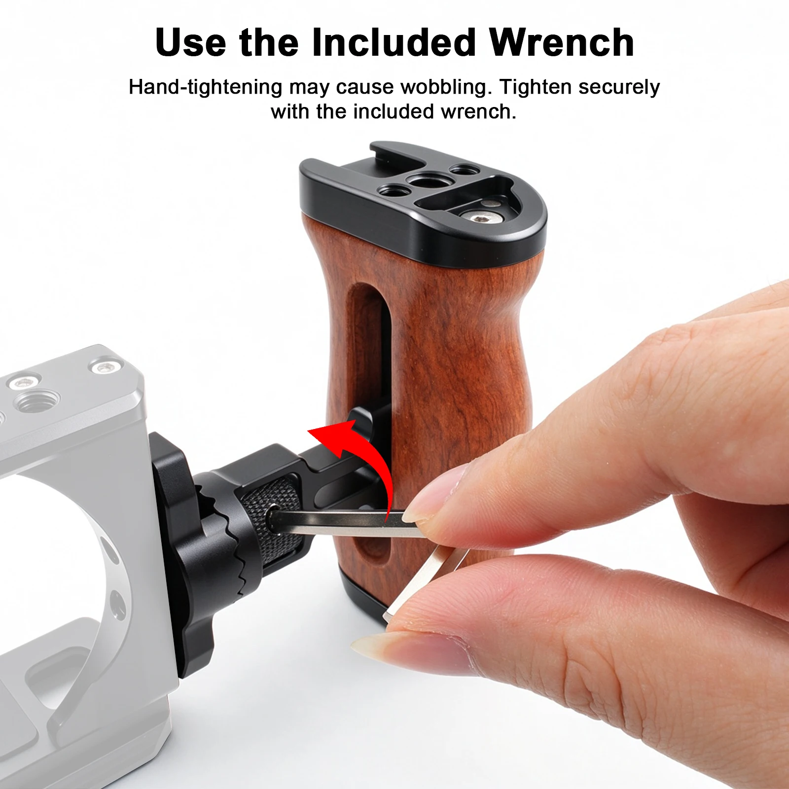 Adjustable Wooden Side Handle Grip for Camera Cage, Rosewood Aluminum Alloy Handle with Cold Shoe Mount 1/4
