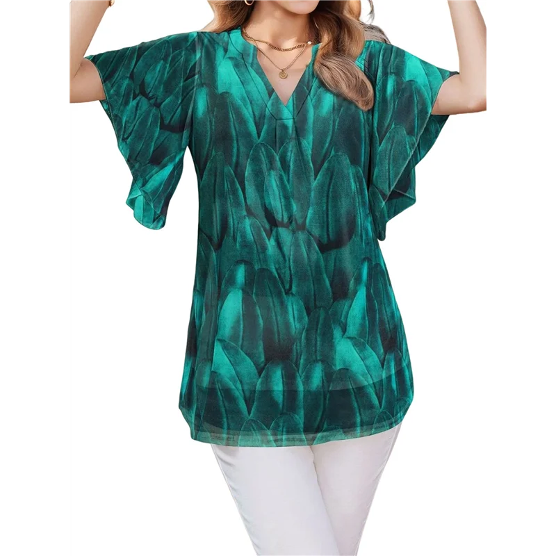 

A83F-Women's Short Sleeve V Neck Blouses Shirts Floral Double Layers Mesh Tunics Tops