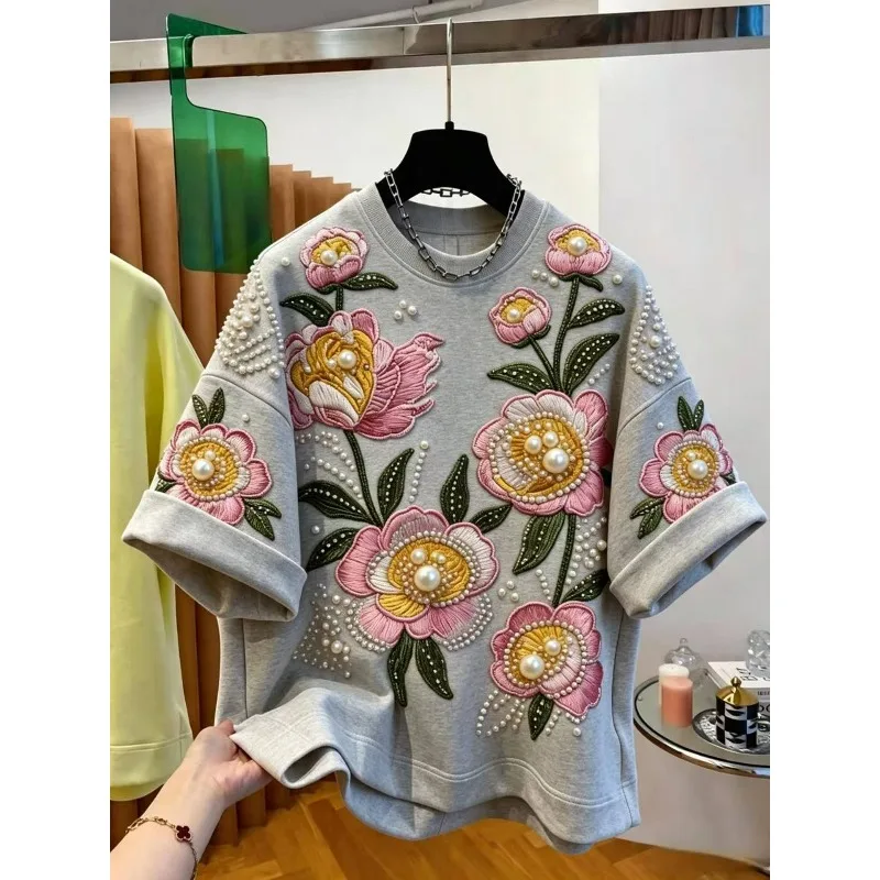 European American loose short-sleeved T-shirts men women summer extra-large size trendy beaded embroidered flower half-sleeve