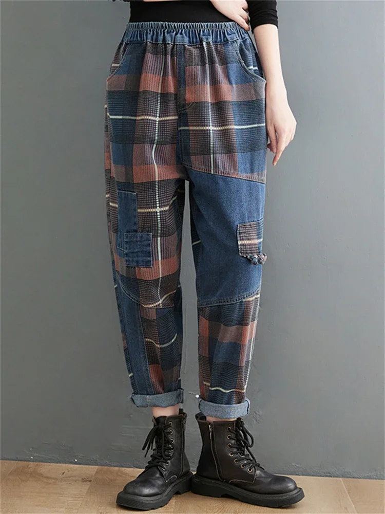 Spring Summer Fashion Women\'s Vintage Patchwork Ankle Length Plaided Denim Pants Female Elastic Waist Loose Casual Jeans Trouser