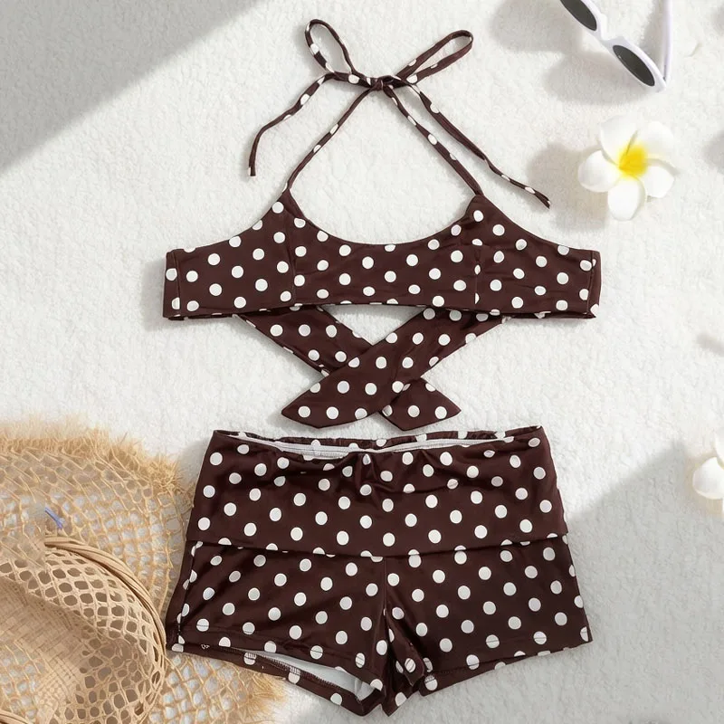 Simple Retro Classic Polka-dot Printing Hanging Neck Sexy Bikini Suit Boxer Fashion Shorts Ladies Beach Vacation Two-piece Suit
