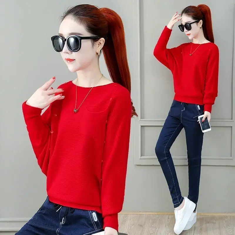 Simple Solid Color Fashion Batwing Sleeve Sweaters Spring Autumn Button Spliced Loose Ladies Elegant Round Neck Knitted Jumpers