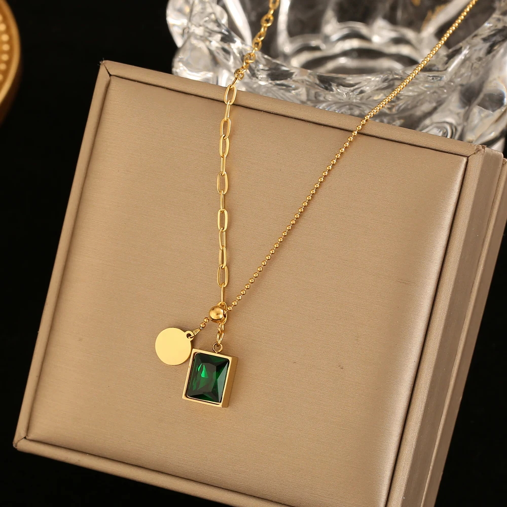 316L Fashion Green Square Pendant  for Women Luxury Gold Stainless Steel Necklace Girls Elegant Clavicle Chain Jewelry