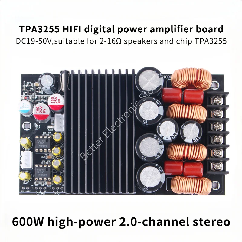

Мощный модуль платы цифрового усилителя мощности HIFI высокой мощности TPA3255 мощностью 600 Вт с двумя каналами