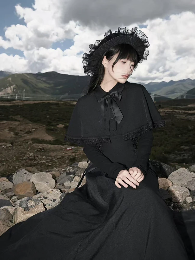 

Готическое кружевное лоскутное черное платье миди женское Y2K японское длинное платье на шнуровке милое Лолита с бантом ведьма Анна Vestidos Mujer