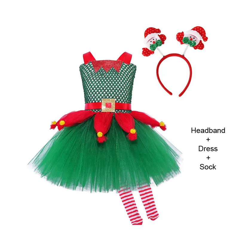 Xmas Santa Costume For Girl Lace TUTU Dress Christmas Green Red Kid Sling Party Tunic+Headband+Sock 3PC Set Child Frock Clothes