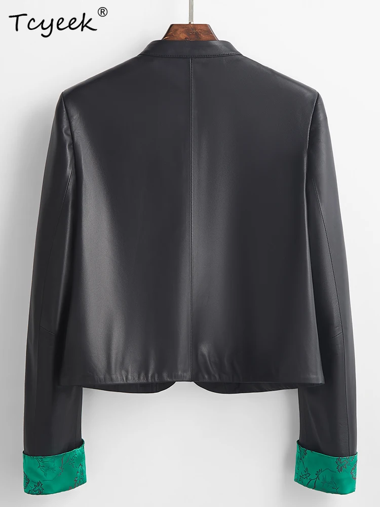 Tcyeek 진짜 양피 여성 가죽 자켓 봄 가을 국가 스타일 스탠드 업 칼라 블랙 긴 소매 짧은 가죽 자켓