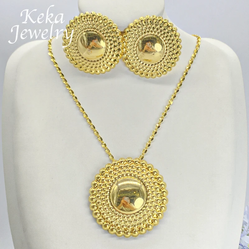 Gold Plated Delicacy Jewelry Set Women Fashion Earrings Pendant Necklace Circular Pattern Design Wedding America Party Jewelry