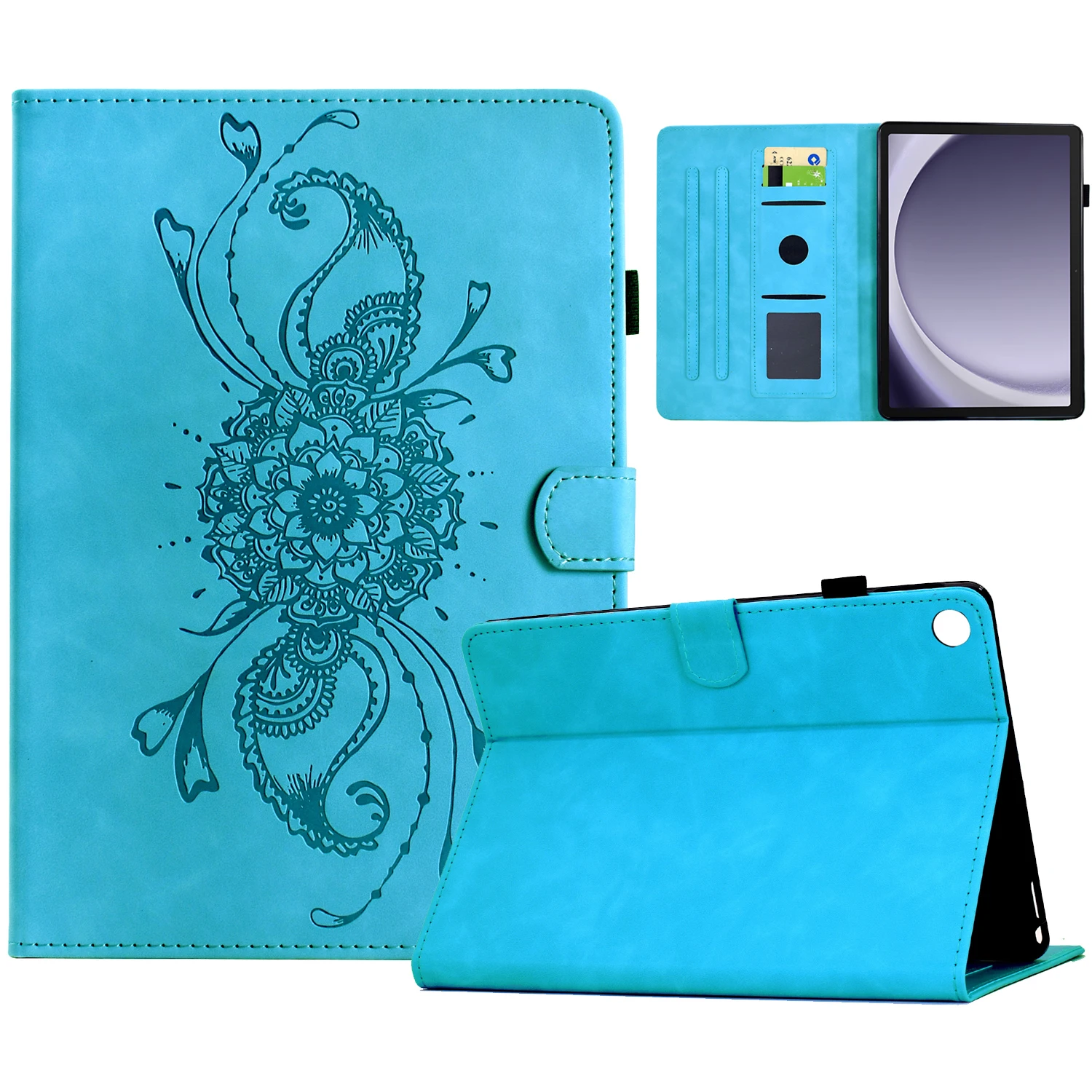 

For Samsung Galaxy Tab A9+ Case Mandala Imprinted Leather Tablet Cover with Card Slots - Sky Blue