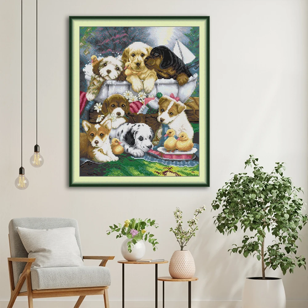 

Joy Sunday Dog Bathing Time Cross Stitch Kit Embroidery Needlework Patterns Thread Stamped 16/14/11CT Canvas DIY Home Decoration