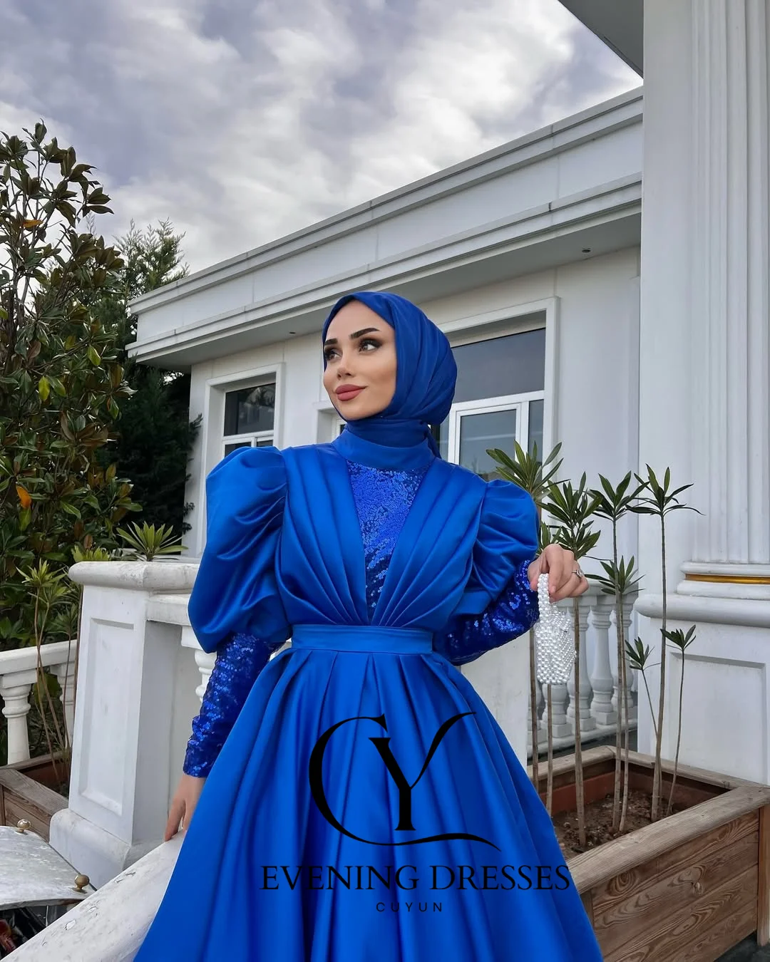 CUYUN Королевские синие мусульманские платья для выпускного вечера по индивидуальному заказу, драпированное вечернее платье с высоким воротником и длинными рукавами, Саудовское платье для торжественного случая