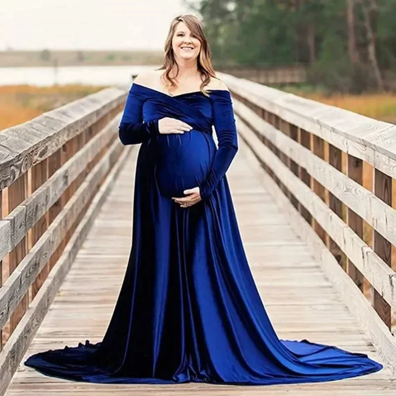 

V-neck Off-shoulder Maternity Skirt Photoshoot Photography Props Dresses for Pregnant Woman Velvet