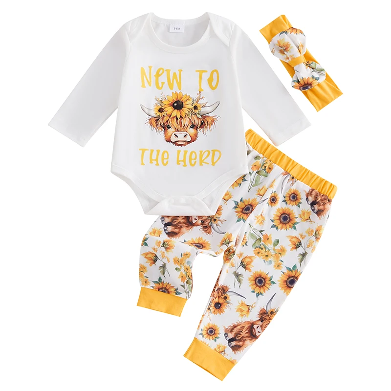 Baby Girls 3 Piece Outfit Cow Head Sunflower Print Long Sleeves Romper and Pants Headband Set Cute Clothes