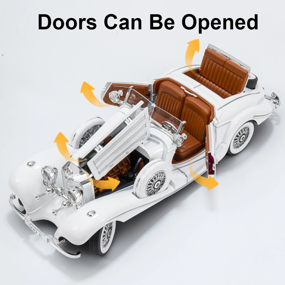 Large Scale 1:18 Benz 500K Classic Car Model Toy Shock Absorption Music Light Doors Opened Retro Vehicle Models Ornaments Gifts