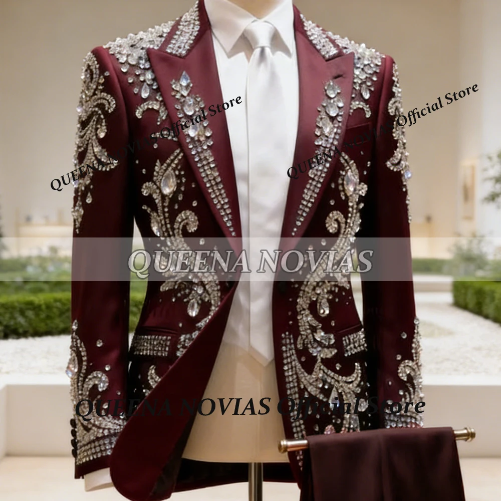 

Luxury Rhinestone Crystal Wedding Suits for Men 2 Pieces Sets Groom Tuxedos Customized Party Prom Blazer Slim Fit robe mariage