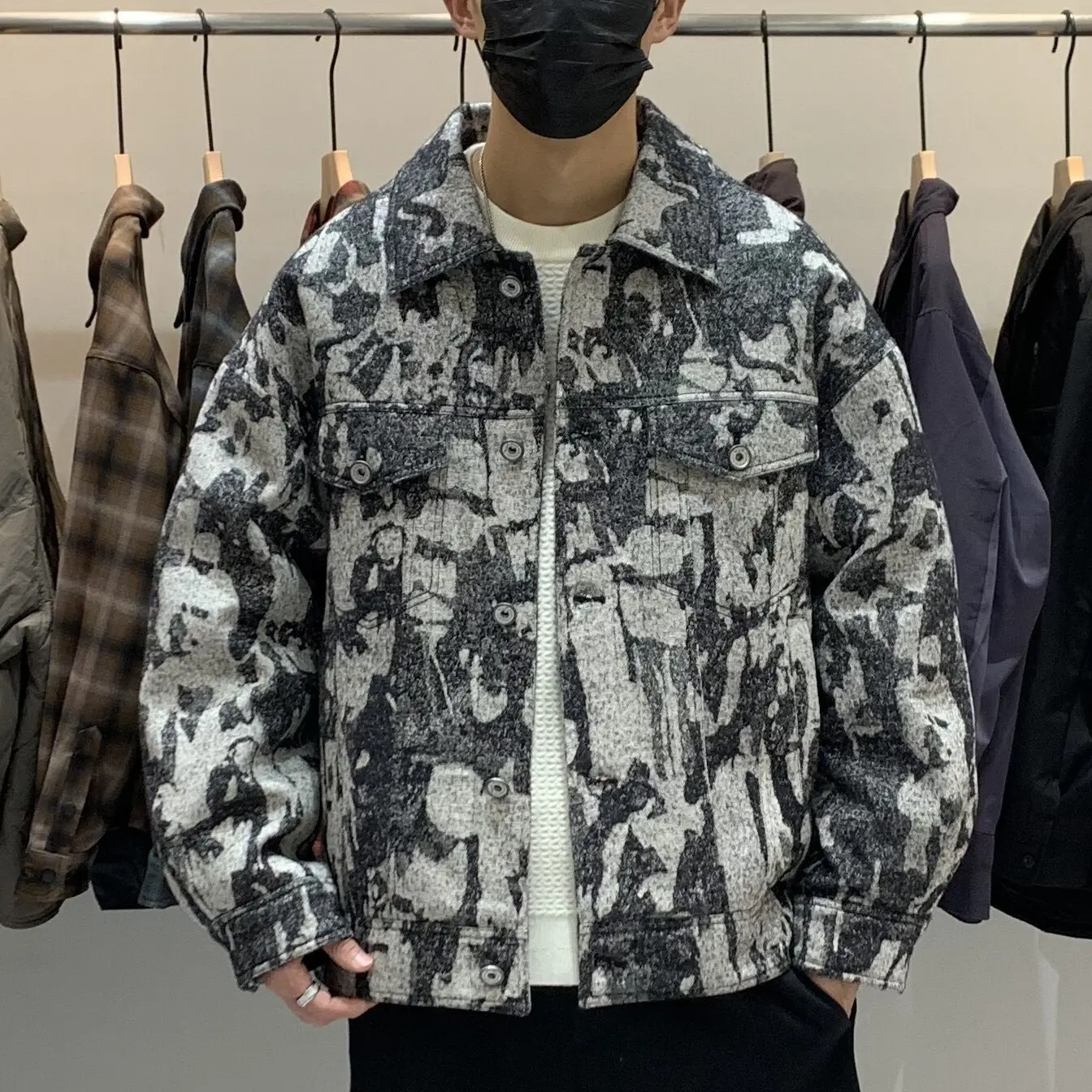

Men's Winter Puffer Jacket Korean Style Collar Turn-down Dyed Jeans Retro Tie-dye Warmth Polyester Fabric Long Sleeve Thickened
