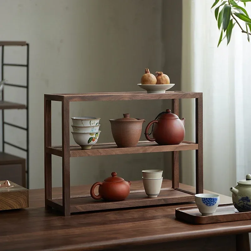 

Traditional Chinese Style Black Walnut Tea Set Storage Elegant Home Organizer Solid Wood Shelves Perfect for Displaying Organize