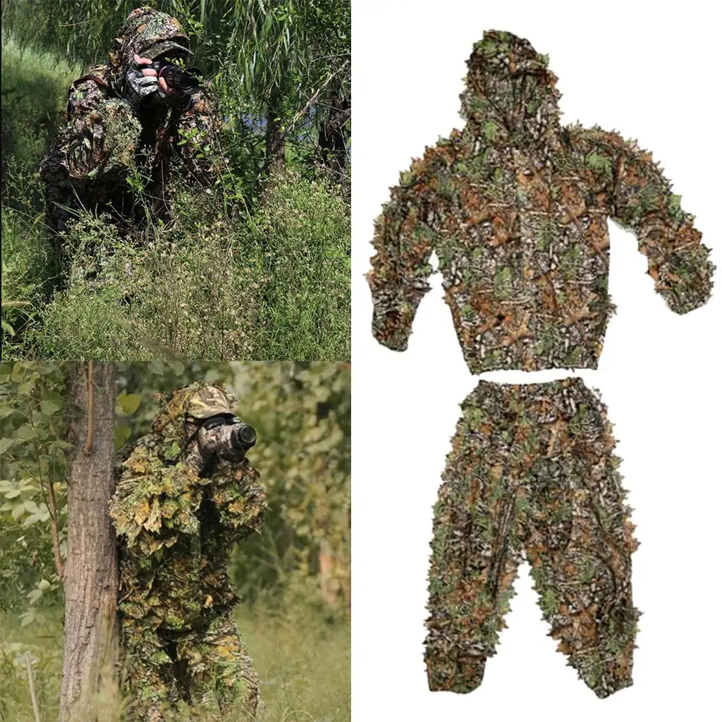 Kids/ Adults 3D Leafy Ghillie Suit, Forest Woodland Camo Costume Clothing Breathable Hooded Apparel Suit for Hunting, Hiking &