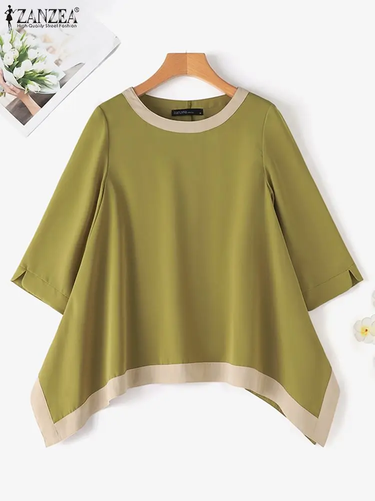 ZANZEA Women Irregular Blouse Fashion Solid 3/4 Sleeve Tops Holiday Simple Colorblock Tunics 2024 Summer Casual Loose O-neck Top