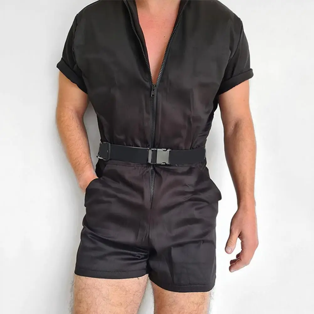 Zipper V Neck Men Overall Shorts Short Sleeve Romper Men Jumpsuit Summer Turndown Collar T-shirts High Waist Romper Pants