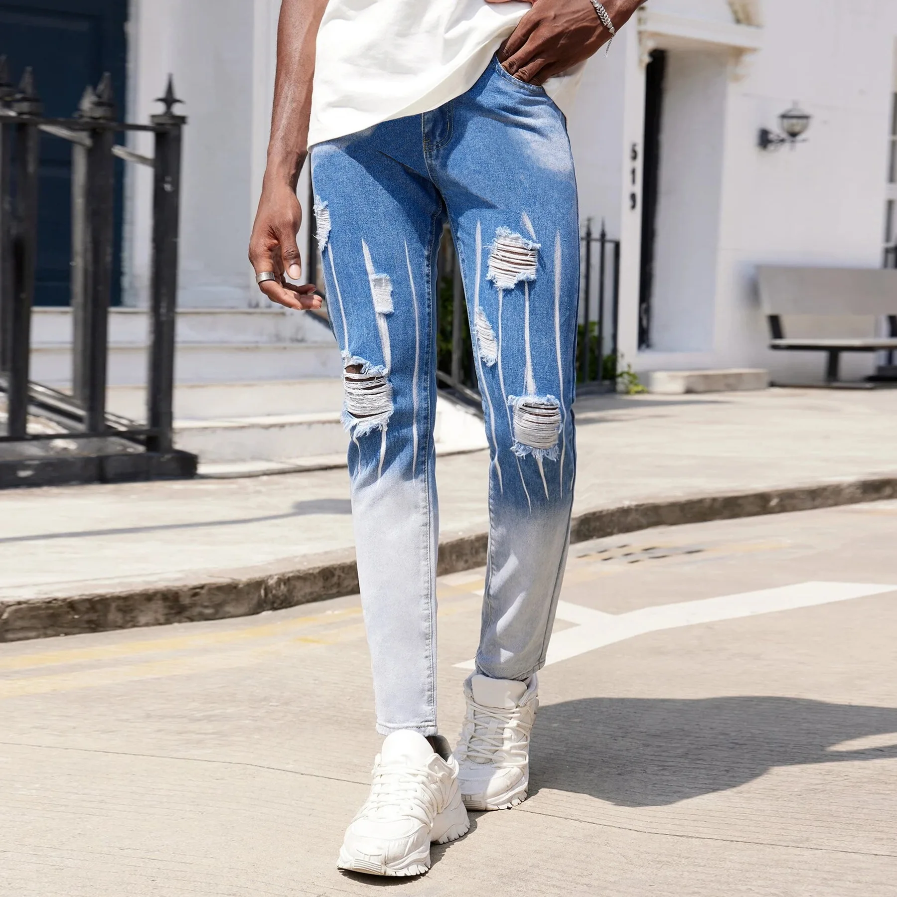 

Summer Children's Clothing Boys Personality Hole Jeans Light Blue White Pants Fashion Soft Street Casual Girls Trousers