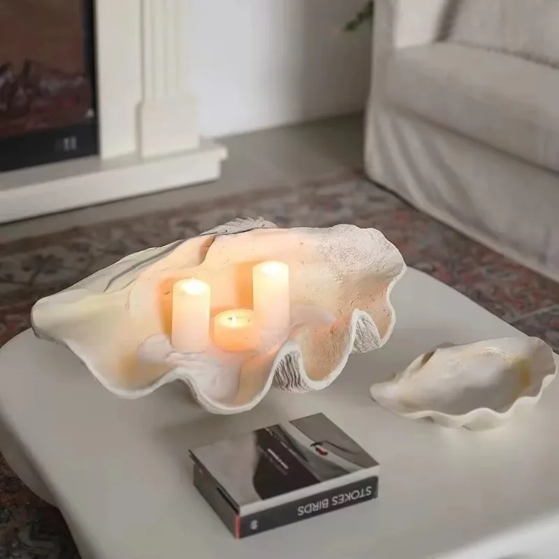 

Candlestick ornament, natural travertine shell tray room ornament