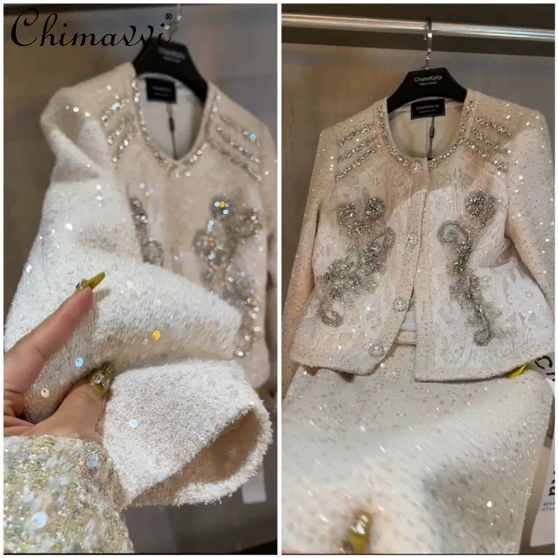 

2024 New Autumn and Winter Heavy Industry Diamond Set High Sense Loose Sequin Temperament Skirt Suit For Women