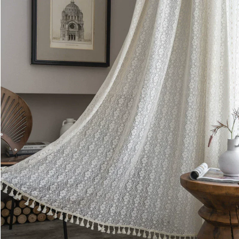 Boho Crochet Curtains For Bedroom Cafe Curtains,Vintage Farmhouse Lace Sheer Tassel Curtains Short Kitchen Bathroom Curtains