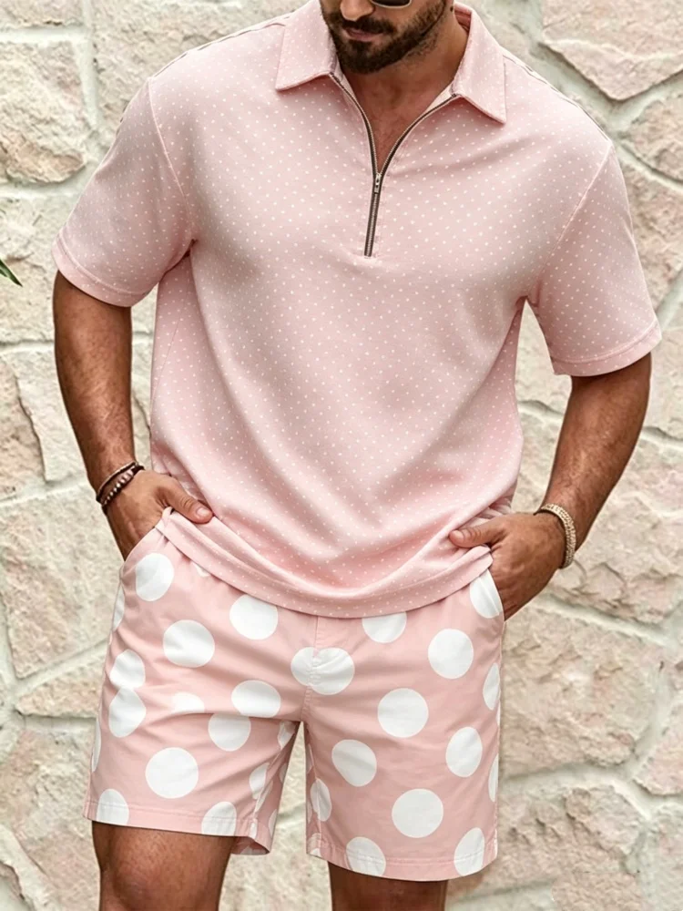 

Men's Half-Zip Short Sleeve Shirt & Shorts Set, Loose Comfort Pink Polka Dot Print Casual Summer Outfit