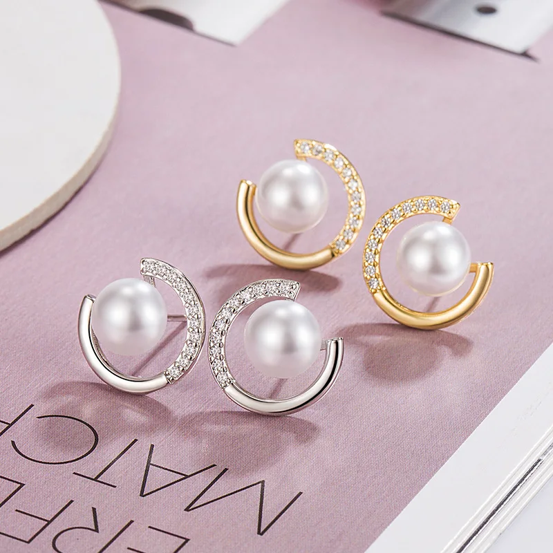 KOFSAC 2023 New Pearl Stud Earrings For Women Fashion Versatile 925 Sterling Silver Jewelry Zircon Geometry C Shape Earring