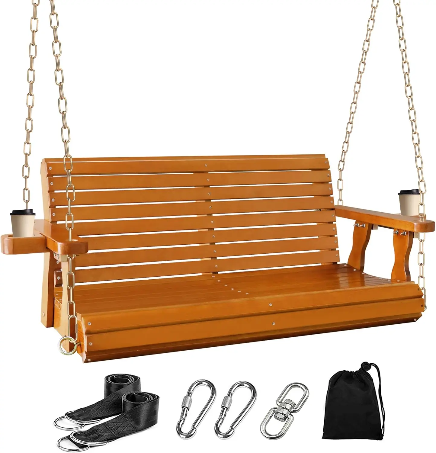 

4FT Wooden Porch Swing w/Cupholders,Heavy Duty 800LBS Outdoor Swing Bench w/Chains,Patio Roll Back Swing Chair Bench,