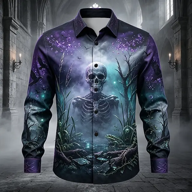 Men's Gothic Skeleton Swamp Scene 3D Print Shirt Turn‑Down Collar Long Sleeve Button‑Up Casual Tops