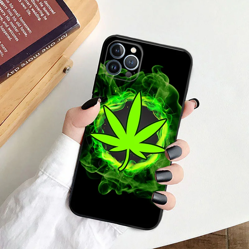 Black Soft Phone Case for Apple iphone 16 15 14 13 12 Mini XS 11 Pro Max XR 7 8 Plus X Abstractionism Trippy Weed Leaf Cover