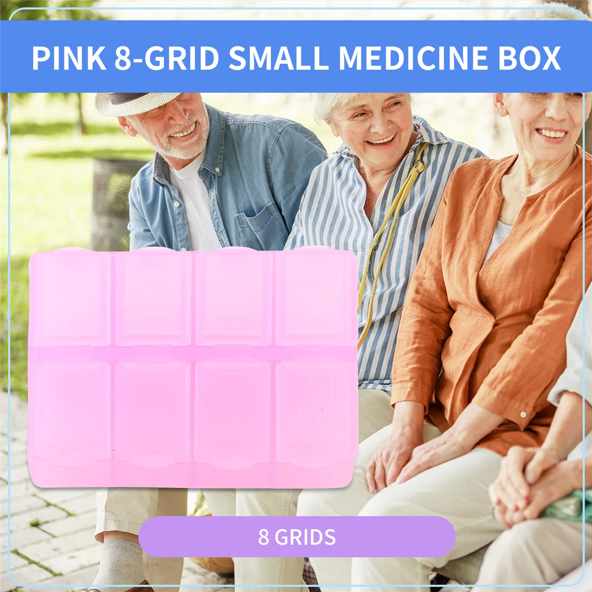 علبة حبوب دواء مستطيلة من البلاستيك ABAH مكونة من 8 أقسام لمدة 7 أيام باللون الوردي