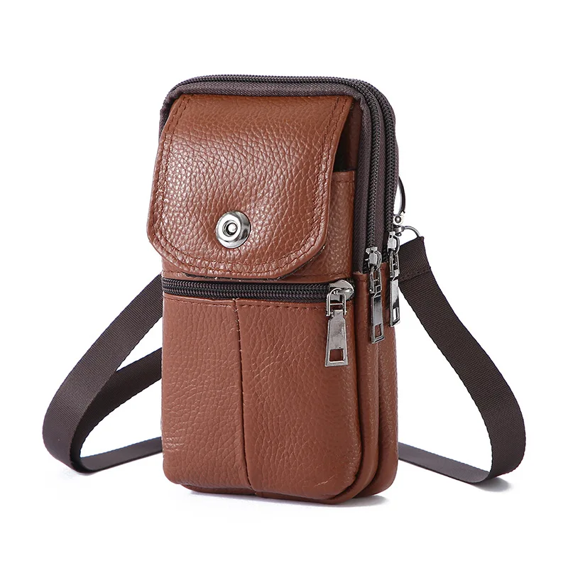PU leather strap vertical mobile phone bag, men's waist bag, large capacity zipper, multi-functional crossbody bag