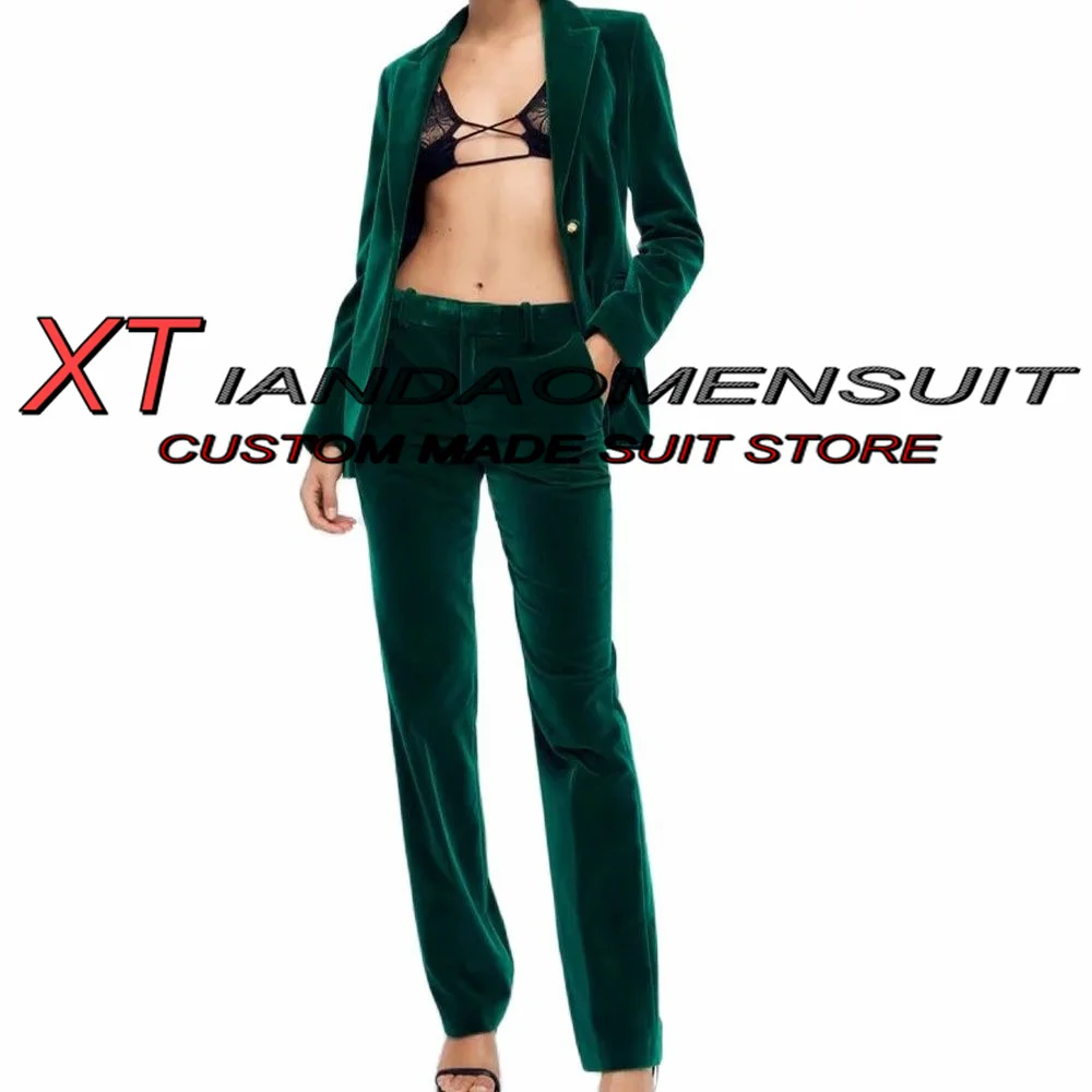 Velvet Women\'s Suit 2 Piece Dark Green Office Formal Workwear Lady Jacket Set Wedding Blazer Pants 	 ensemble femme 2 pièces