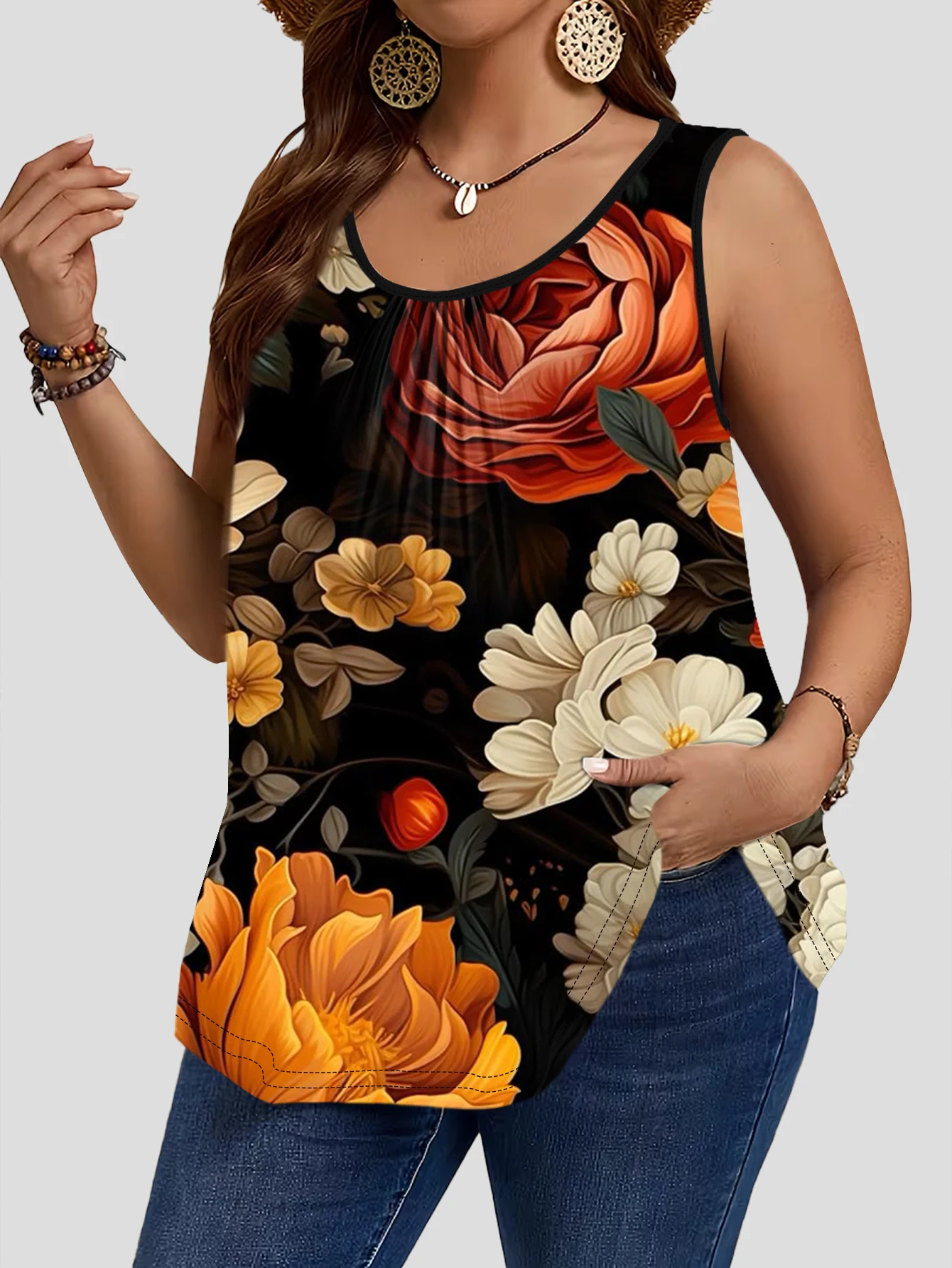 3-Piece Set of Plus-Size Sleeveless Vests with Black Background, Oil Painting Style, Vintage Rose Floral Print, Elegant and Slimming Loose-Fitting Camisole Top
