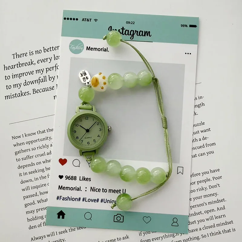 Women Cute Cat Claw Quartz Watch Forest Style Fresh Green Beaded Middle School Students Exam Ladies Watch Girls Female Watches