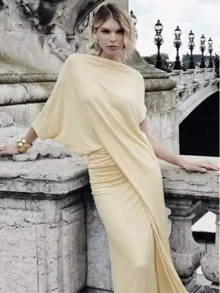 

Chic Lady Solid Pleated Maxi Dress Elegant Irregular Sleeve High Waist Slim Long Dresses 2026 Women Evening Dinner Party Vestido