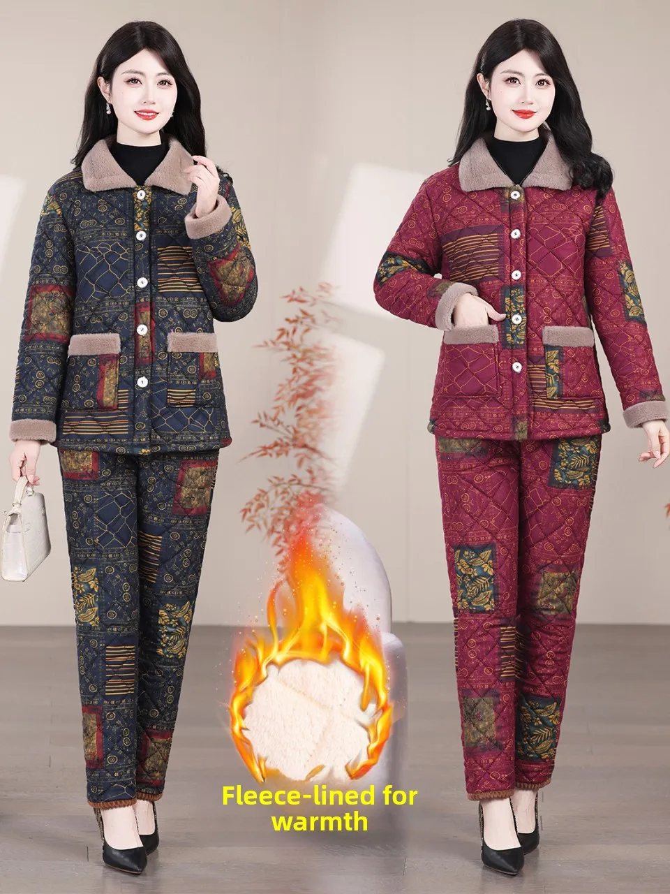 

Thiened Fce Warm Cotton Jaet And Pants Two-Piece Set for Middle-Aged And ly Women Faionable Winter Clothes