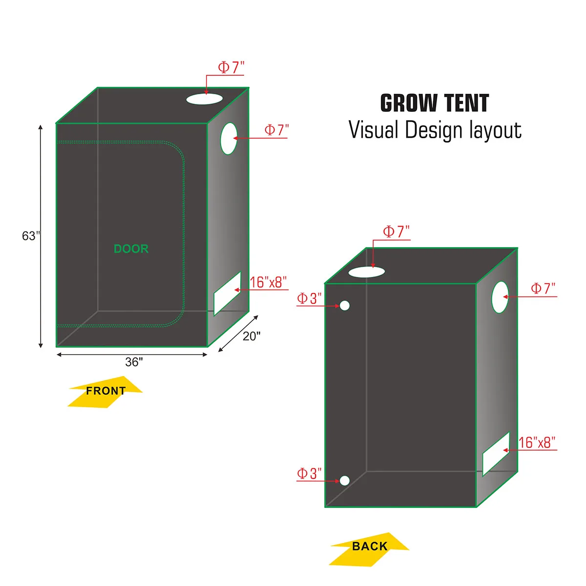 36''x20'x63'' 600D High Reflective Mylar Hydroponic Grow Tent For Indoor Plant Growing