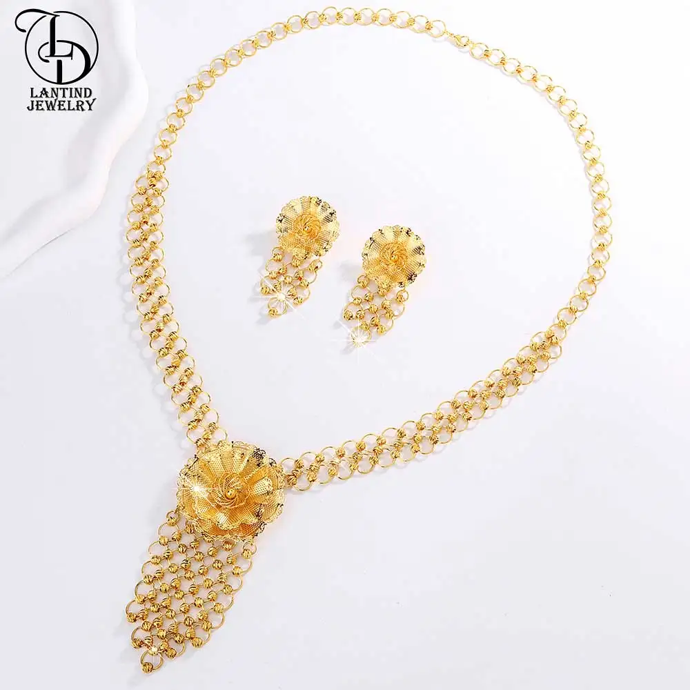 24K金メッキフラワーセーターと女性用ロングネックレス、中東の高級品、タッセルイヤリング、ファッションジュエリー、2個セット、as00039