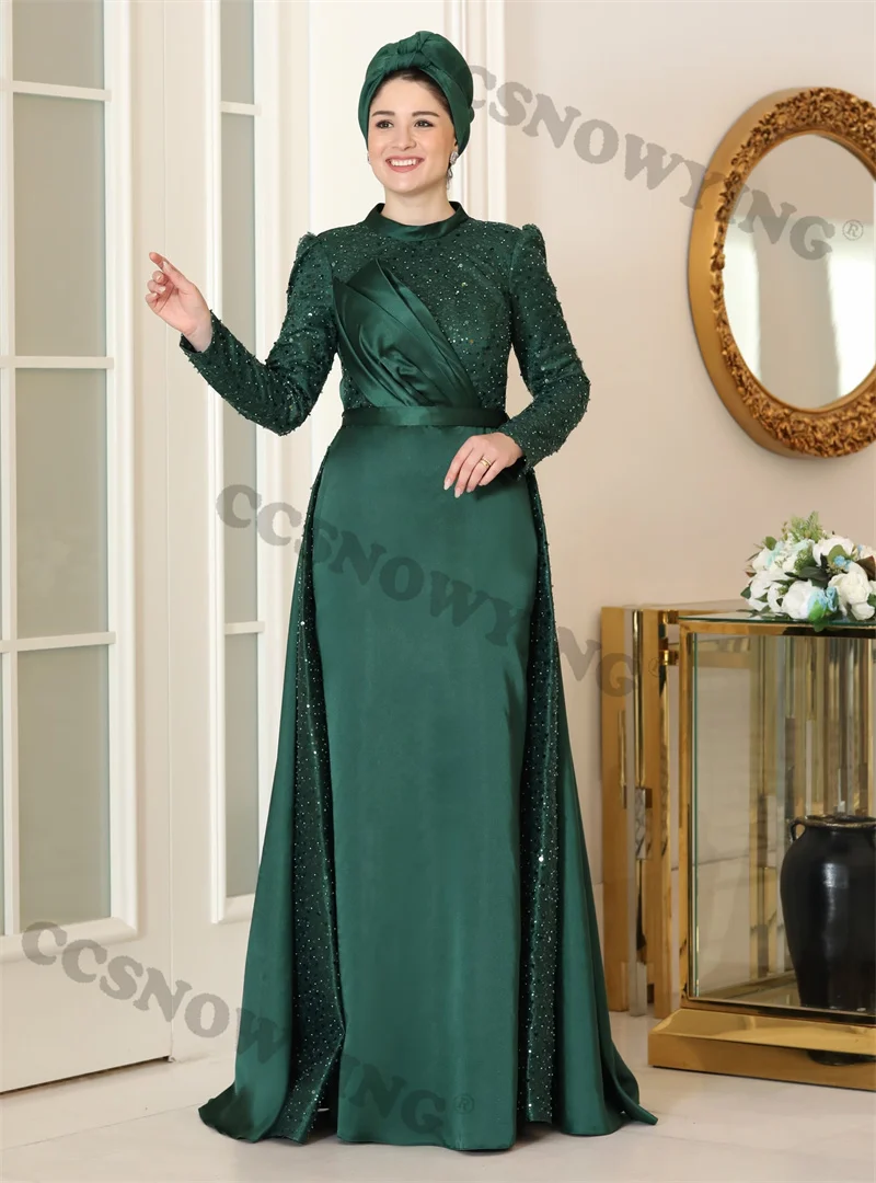 Sequin Beaded Elegant  Satin customizable High Neck Long Sleeve Evening Dresses Prom Dress Formal Occasion Dresses