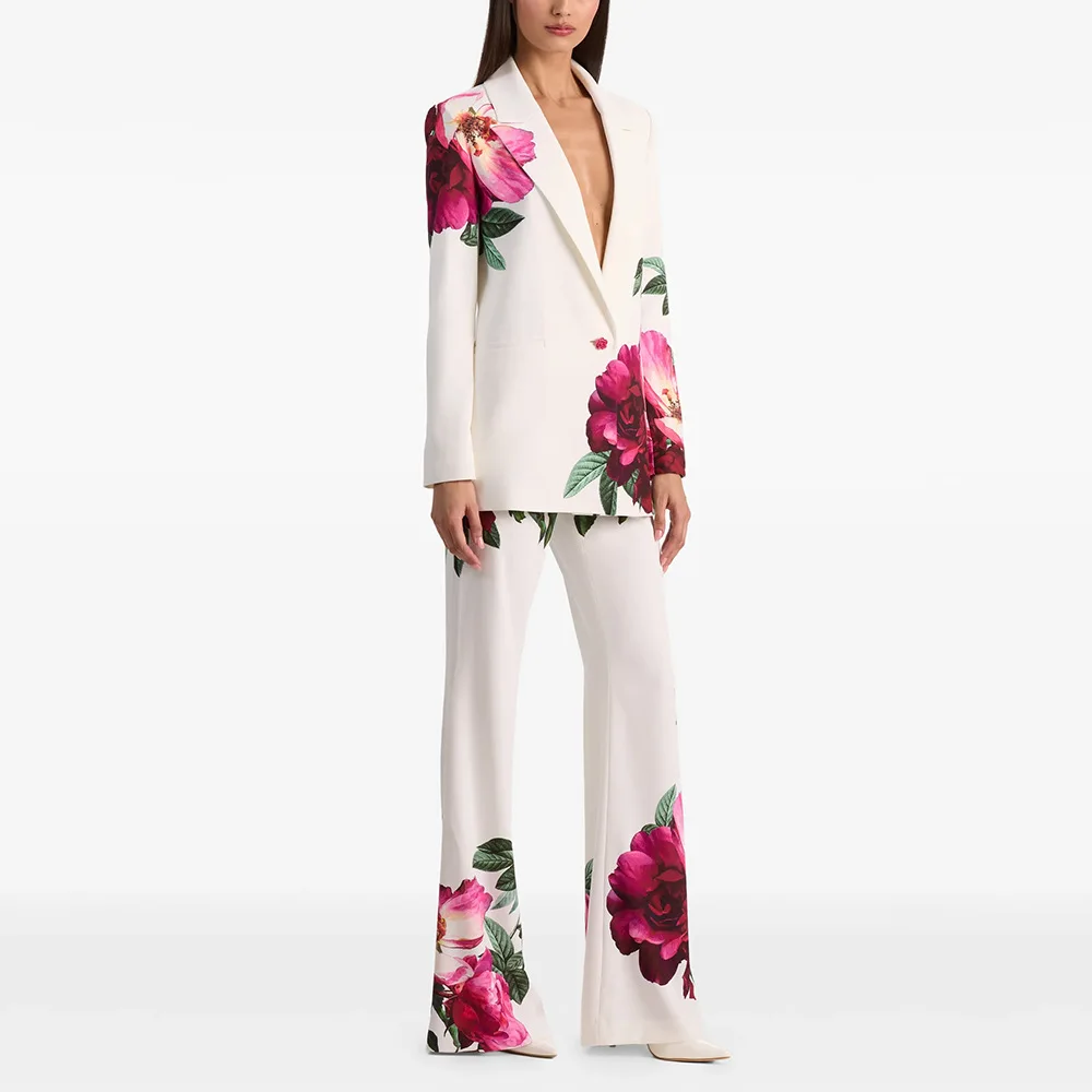 

HIGH STREET Newest 2026 Designer Runway Fashion Suit Set Women's Gorgeous Floral Printed Blazer Flare Pants Suit 2pcs
