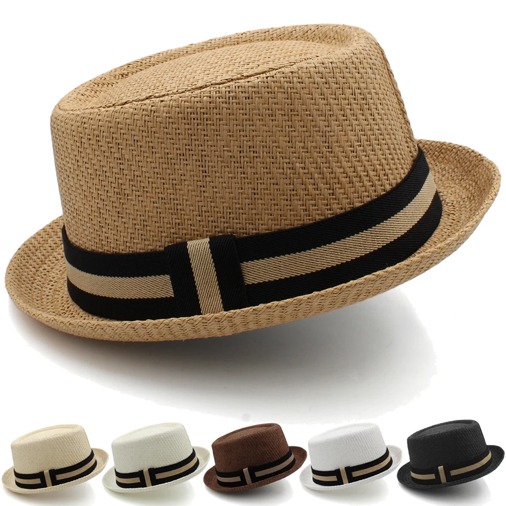 Men Women Straw Pork Pie Hats Summer Sunhat Boater Caps Sailor Sombrero Beach Fedora Trilby Outdoor Travel US Size 7 1/4 UK L