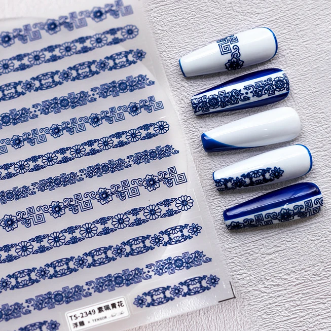 Graceful Blue Flowers Totem Chinese 5D Embossed Reliefs Self Adhesive Nail Art Decorations Stickers 3D Manicure Decals Wholesale