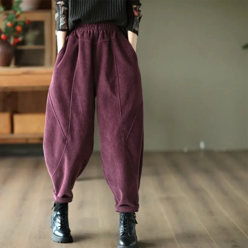 Women Velvet Thickened Versatile Casual Pants Autumn Winter Style Patchwork Harley Pants Slimming Warm