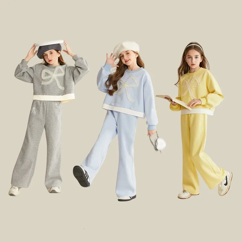 Girls Stylish Cotton Crop Patchwork Pullover Sweatshirt+Sweatpant Set School Kids 2PCS Tracksuit Children Jogging Outfit  987