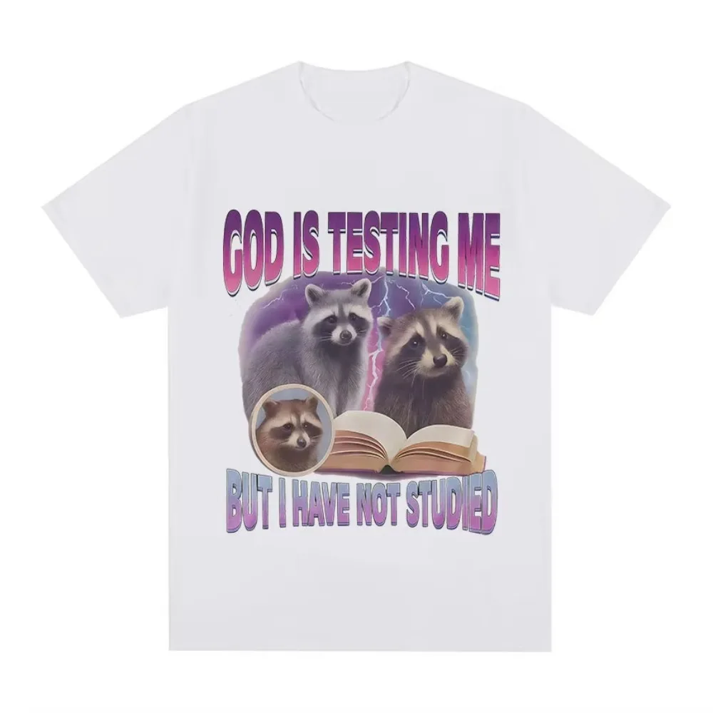 God Is Testing Me But I Have Not Studied T-Shirt Raccoon Funny Meme Book Graphic T-Shirt Men Women Y2K Vintage Oversized T Shirt