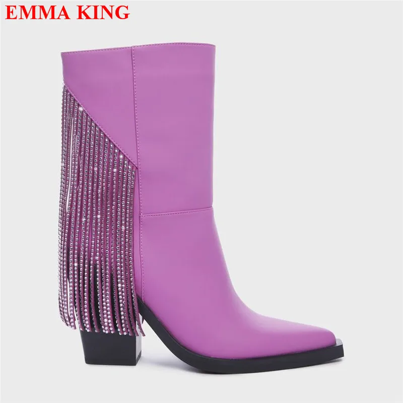 

Pink Rhinestone Fringe Cowboy Boots For Women Crystal Tassel Pointed Toe Womens Ankle Boots Block High Heels Party Shoes Woman